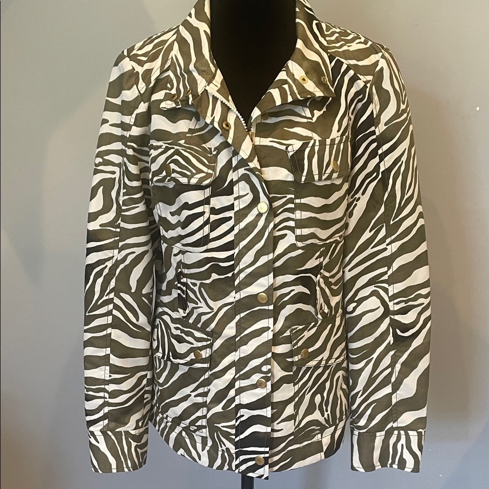 Jones New York Olive Green & White Zebra-Print Utility Jacket